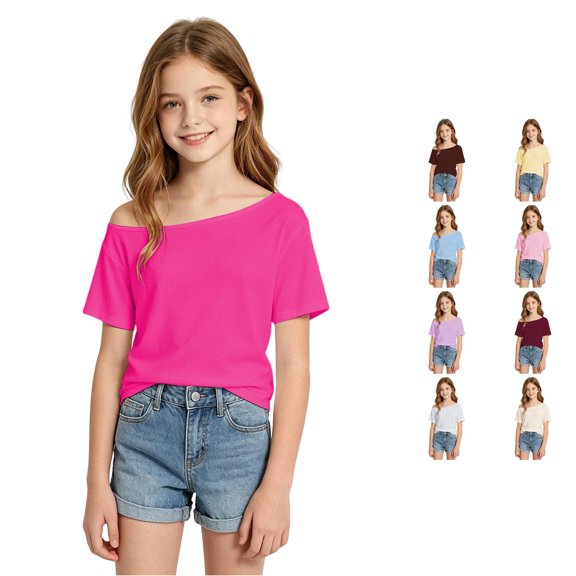 Bigetiay Girls Solid Slim Shoulder Tee Casual Everyday Top Lightweight Knit Breathable Easy Care Effortless Style for Kids Spring Summer, Size 8-9 Years