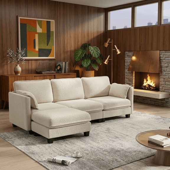 Howcool 93" Modular Cloud Couch, L-Shaped Sectional Sofa with Ottoman, Deep Seat Chenille Fabric 4-Seat Convertible Couch for Living Room, Easy Assembly,Beige(Thick Sponge)