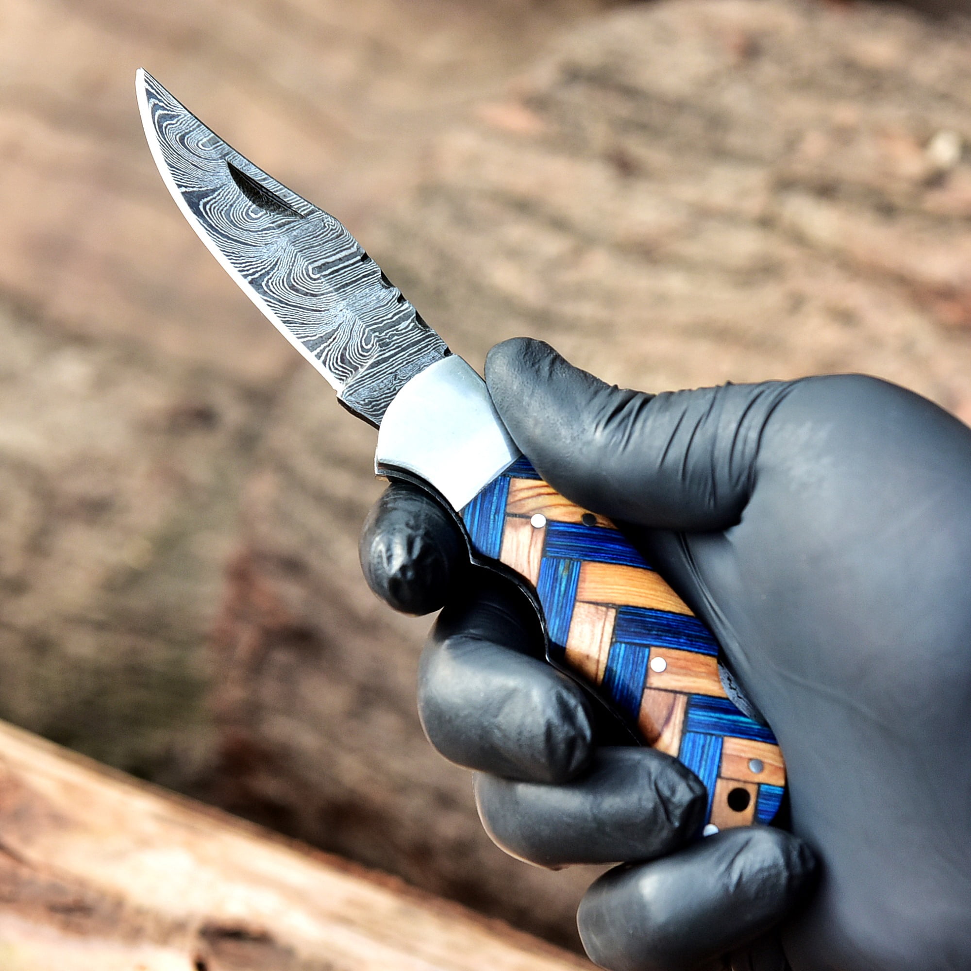 Custom Handmade Damascus Steel Folding Knife/Pocket Knife SS-170482 (Blue and Olive  Wood)