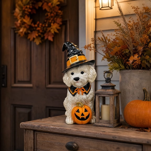 Halloween White Puppy Resin Statue with Witch Hat, Cute Dog Figurine, Spooky Table Mantel Tiered Tray Decor Ornament for Halloween Party Home