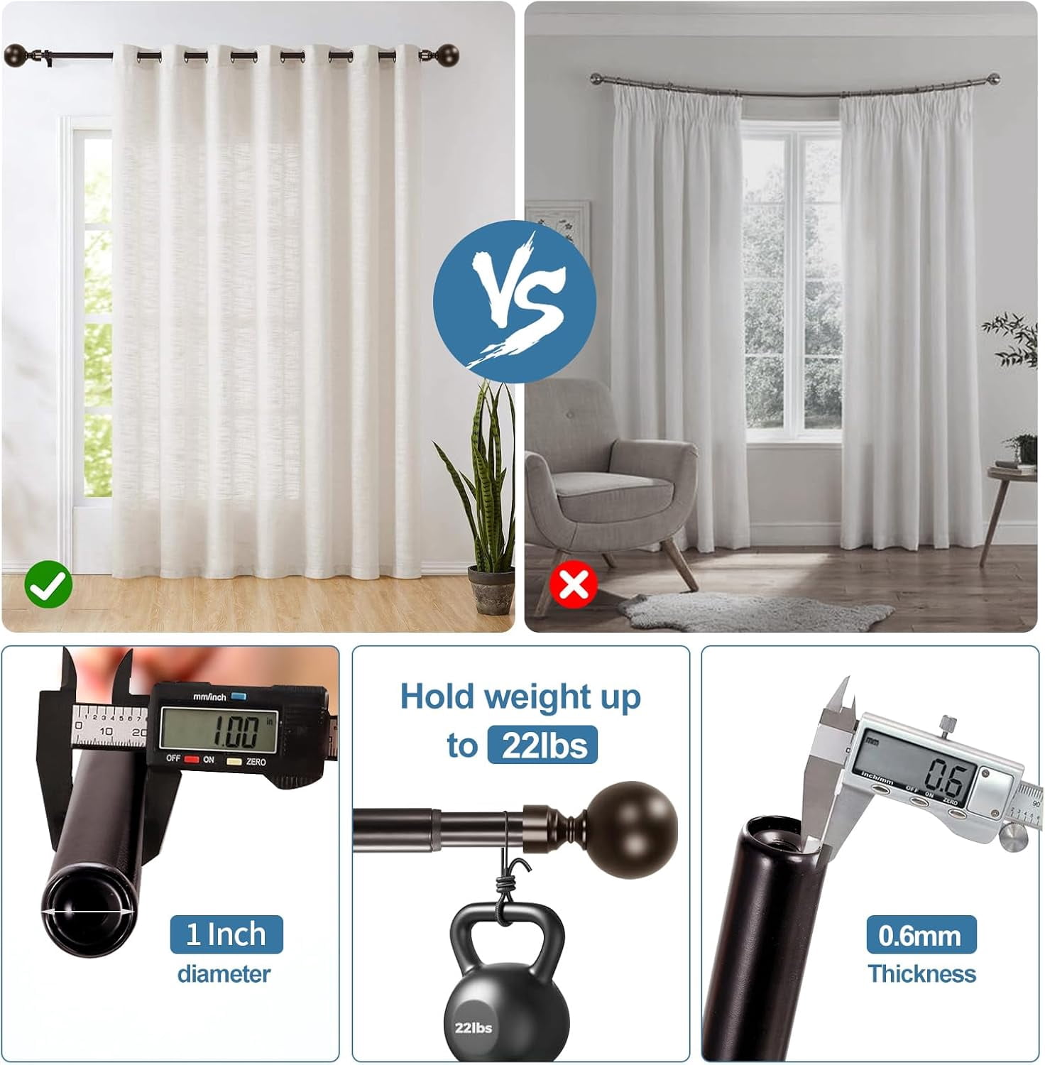 Urbanest Adjustable Double Curtain Rod Set Steel Ball Manhattan Finials – 1″ Front & 3/4 Back Rod With Bronze Rod, 28–48 Inches