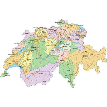 Iconic Arts Laminated 35x24 Poster: Political Map - Map Switzerland