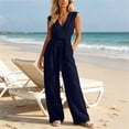 thumbnail image 2 of Women's Casual Loose Overalls Jumpsuits Fashion Solid Color V Neck Sleeveless Waist Ties Jumpsuits with Pockets Trendy Wide Leg Jumpsuits Dressy, 2 of 7