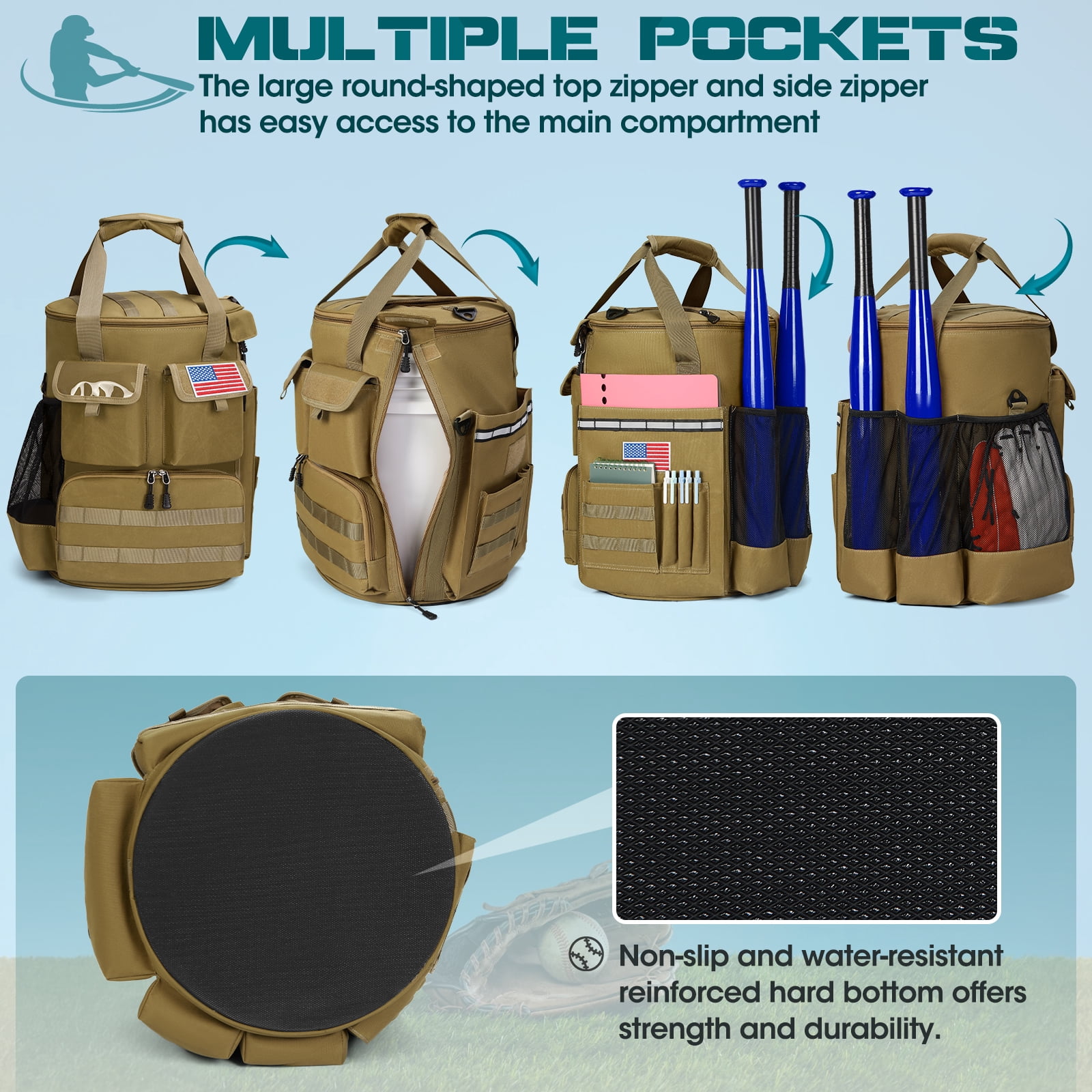 RAINSMORE Baseball Bucket Backpack Baseball Accessories Organizer Bag with Insulation Pocket Softball Baseball Bag with Anti-Slip Bottom,Brown