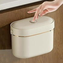 AuroraX Hanging Kitchen Trash Can with Lid Beige 2.5 Gallon Stylish Wall Mounted Wastebasket Art Deco Plastic Trash Bin for Home Bathroom