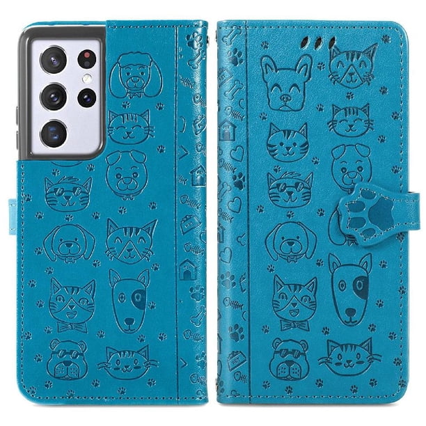 Funda Cartera FOXDOCK para Samsung Galaxy S21 Ultra , Flip PU con Relieve de Gatos y Perros, Tarjetero y Soporte