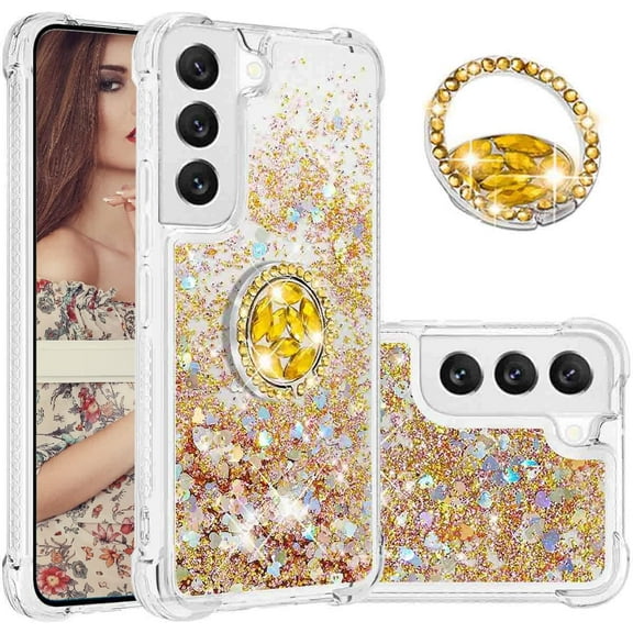 Glitter Clear Sparkly Bling Case for Samsung Galaxy S23 5G for Women Girls, Flowing Liquid Quicksand Cover with Diamond Ring Holder Case for Samsung Galaxy S23 5G Gold