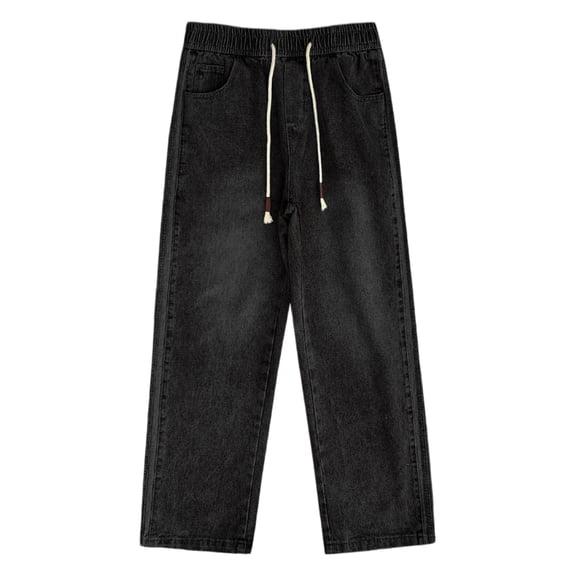 ZJXFGS Wide Leg Jeans for Women Trendy High Waisted Drawstring Tie Elastic Waist Stretchy Denim Pants Trouser Jeans Black L