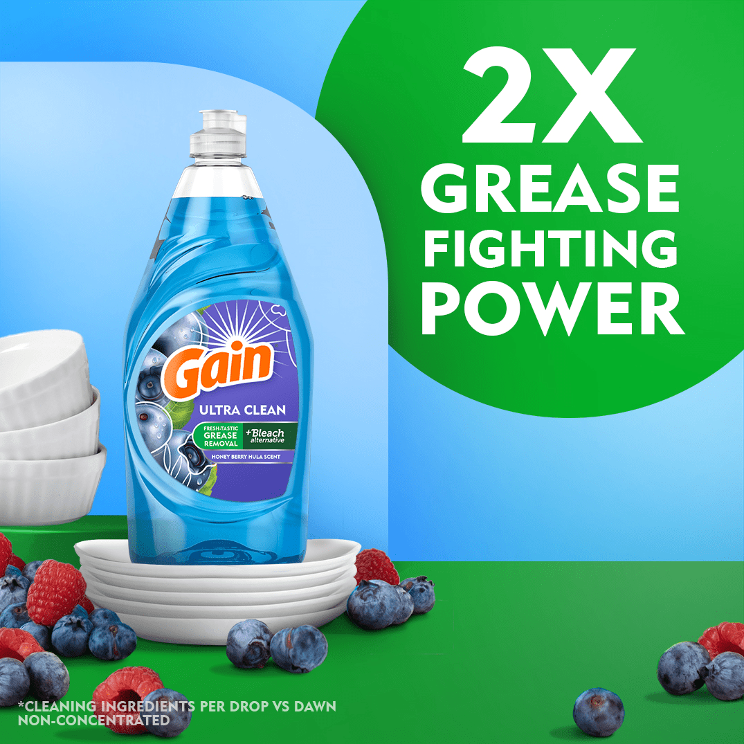 Gain Ultra + Bleach Alternative Dish Soap, Dishwashing Liquid, Honey Berry Hula, 56 fl oz