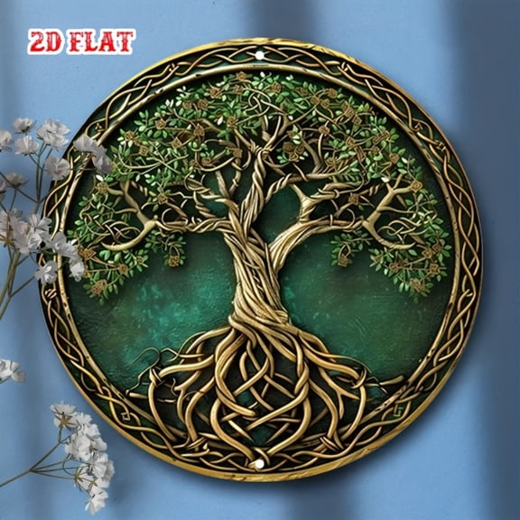 HELLOYOUNG Celtic Tree of Life Metal Sign Vintage Wall Art Retro Decor 7.8x7.8 Inch, Intricate Knotwork Home Bar Cafe Office Rustic Round Tin Sign for Wall