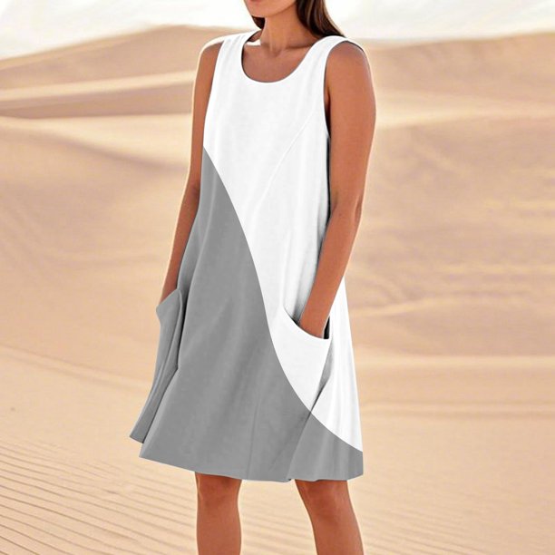 WILLBEST Vestidos Vestido De Lino Para Mujer, Vestido Playero Informal Hasta La Rodilla, Sin Mangas, Estampado De Verano, Con Bolsillos