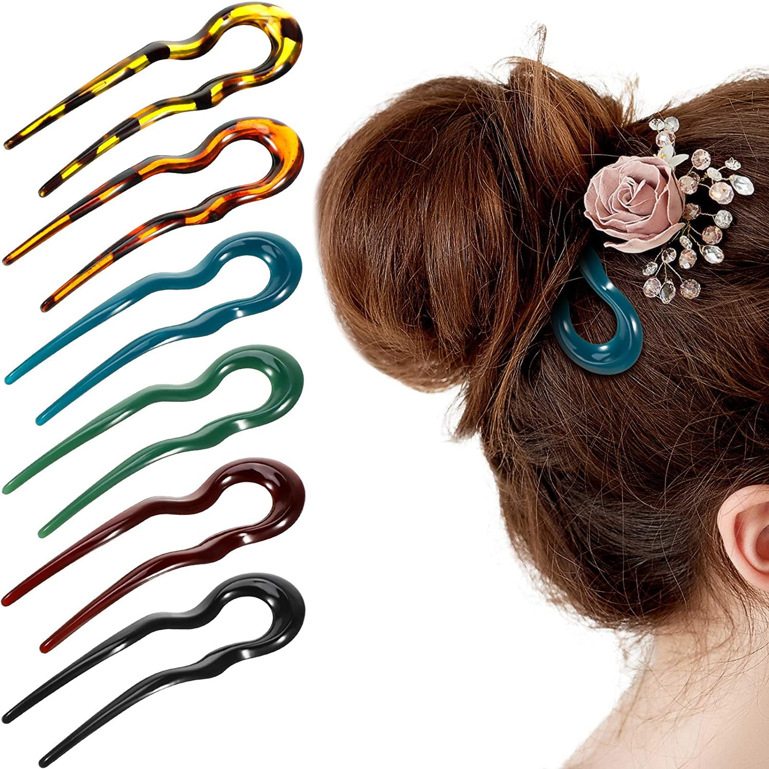 6 Pieces U Shaped Hair Pins French Style Hair Stick Fork for Thick Long Hair,  Cellulose Acetate Wavy Updo Chignon Pin Hair Accessories for Women Girl  (Black, Blue, Green, Wine Red, Leopard