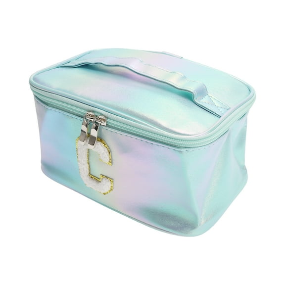 1 Pc Women Square Letter C Makeup Bag for Vacation Outdoor Activities Blue PU