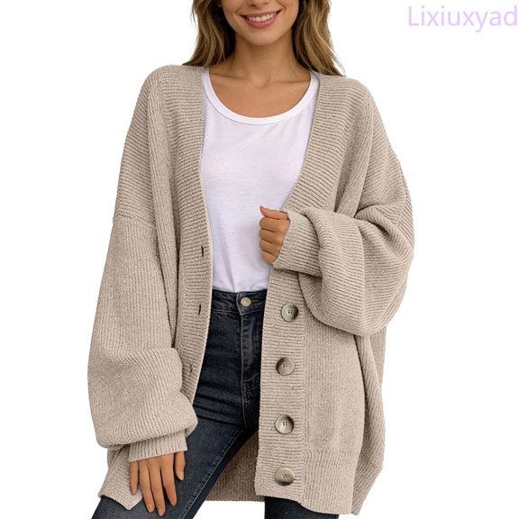 Lixiuxyad Womens Knit Cardigan Oversized Open Front Sweater Button Up Long Sleeve Fall Outerwear,Beige