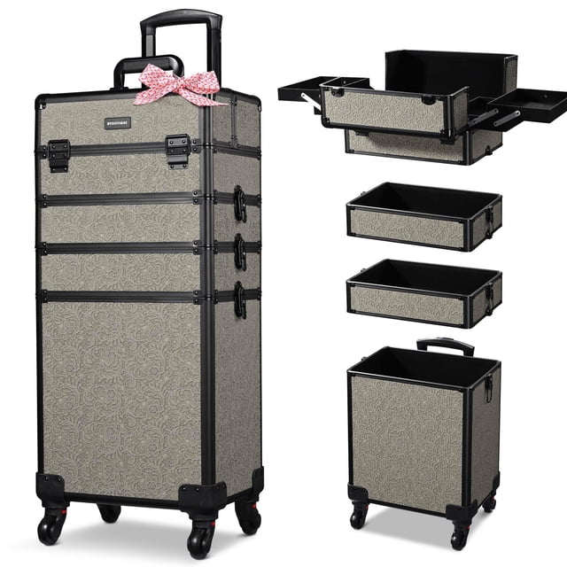 Byootique Rolling Makeup Train Case 4in1 Cosmetic Trolley Organizer Travel Case Lockable Salon Barber Case with Wheels for Makeup Artist Trave Nail,Rococo GainsBoro