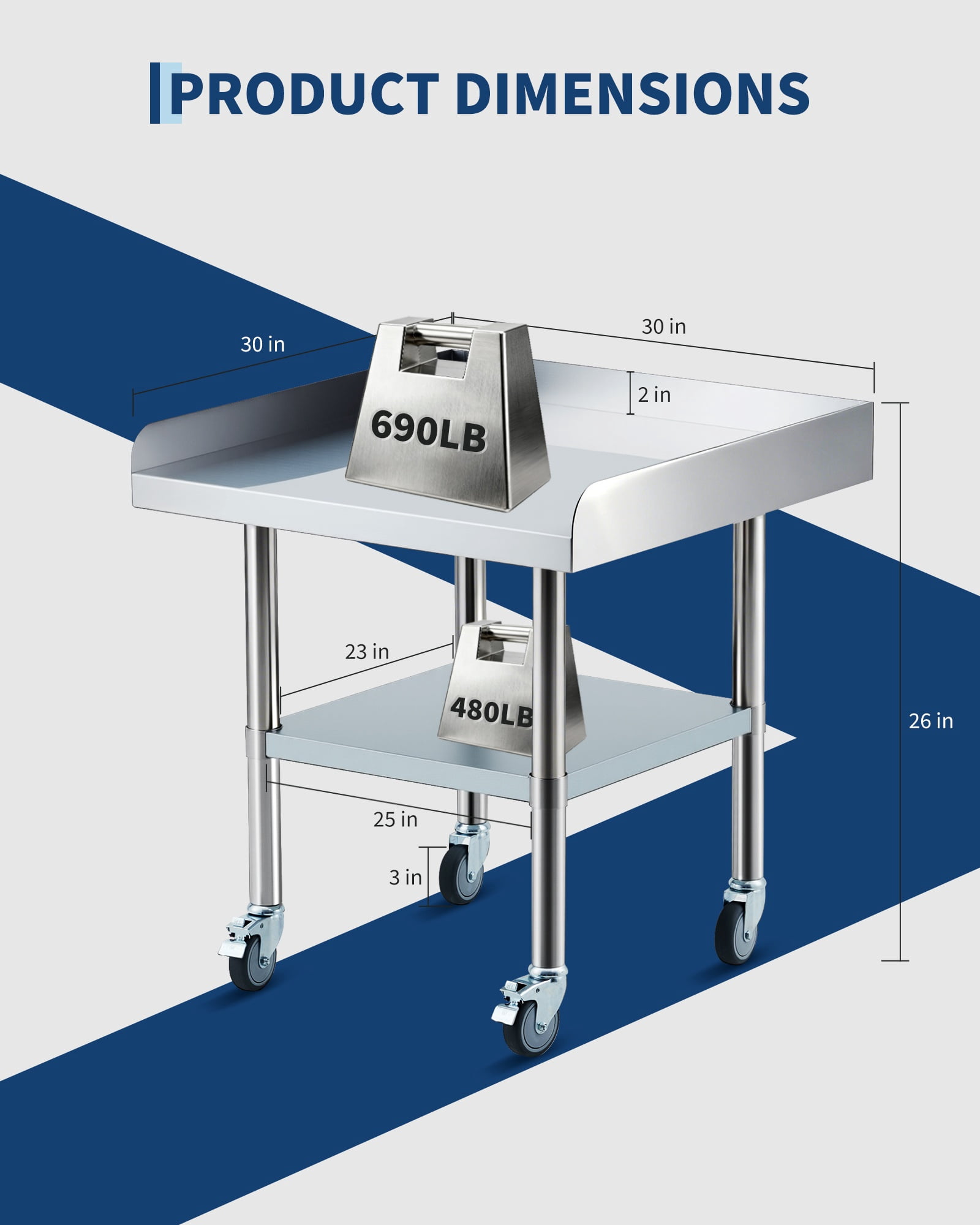 Stainless Steel Rolling Work Table, Commercial Prep Table with 3-Sided Fixed Backsplash & Adjustable Undershelf for Restaurant Garage - 30x30 Inch