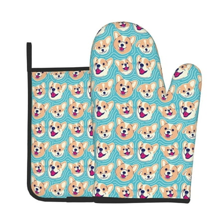 

Zeuib Cute Corgi Head Print Oven Mitt & Pot Holder Set 2-Pack Kitchen Gloves and Hot Pads for Cooking BBQ Grilling Baking
