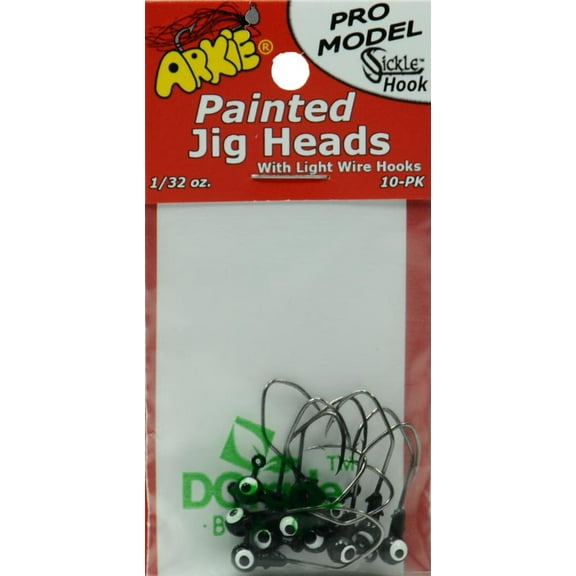 Arkie Pro Model Sickle Hook Painted Jig Heads, Black, 1/32 Oz., 10 Count