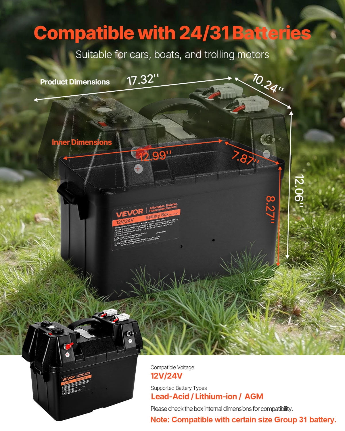 VEVOR Battery Box, Group 24/31 Trolling Motor Battery Box, 12V/24V Marine Batteries Case with PP Shell and Dual Straps,Smart Batteries Case,Suitable for Trolling Motor,Marine,RV & Solar Panel