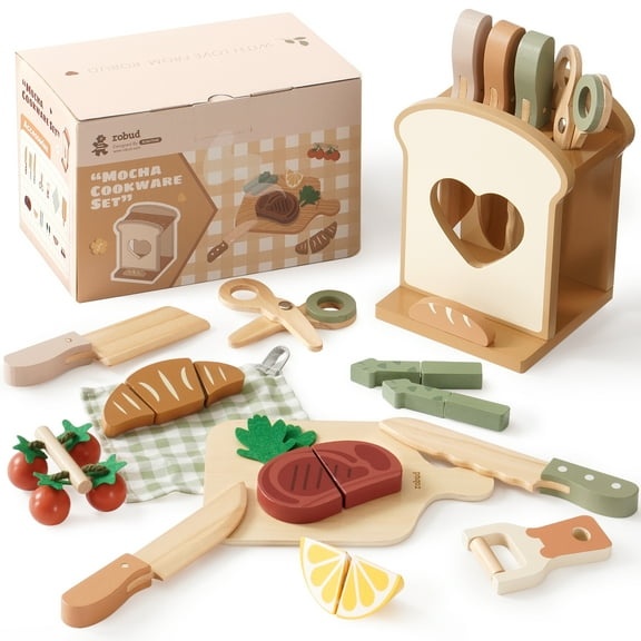 Robud 16pcs Wooden Play Food Knife Set - Safe Montessori Kitchen Toy for Toddlers, Kids Cutting Practice & Pretend Cooking Gift