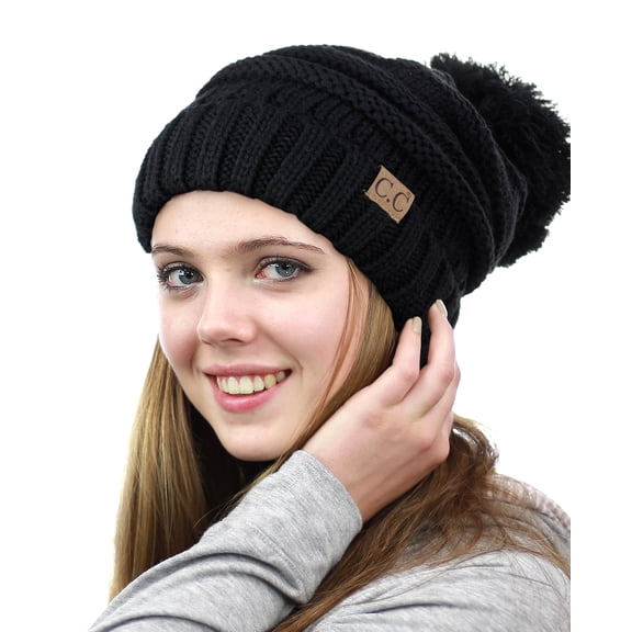 NYFASHION101® Pom Pom Oversized Baggy Slouchy Thick Winter Beanie Hat - Black