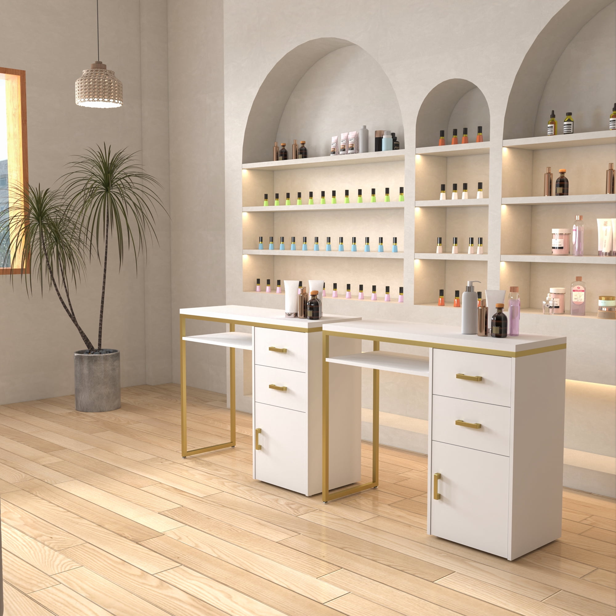 Modern White Computer Desk with 2 Drawers & Storage Cabinet, Particle Board Top Iron Frame Home Office Study Writing Desk for Small Space