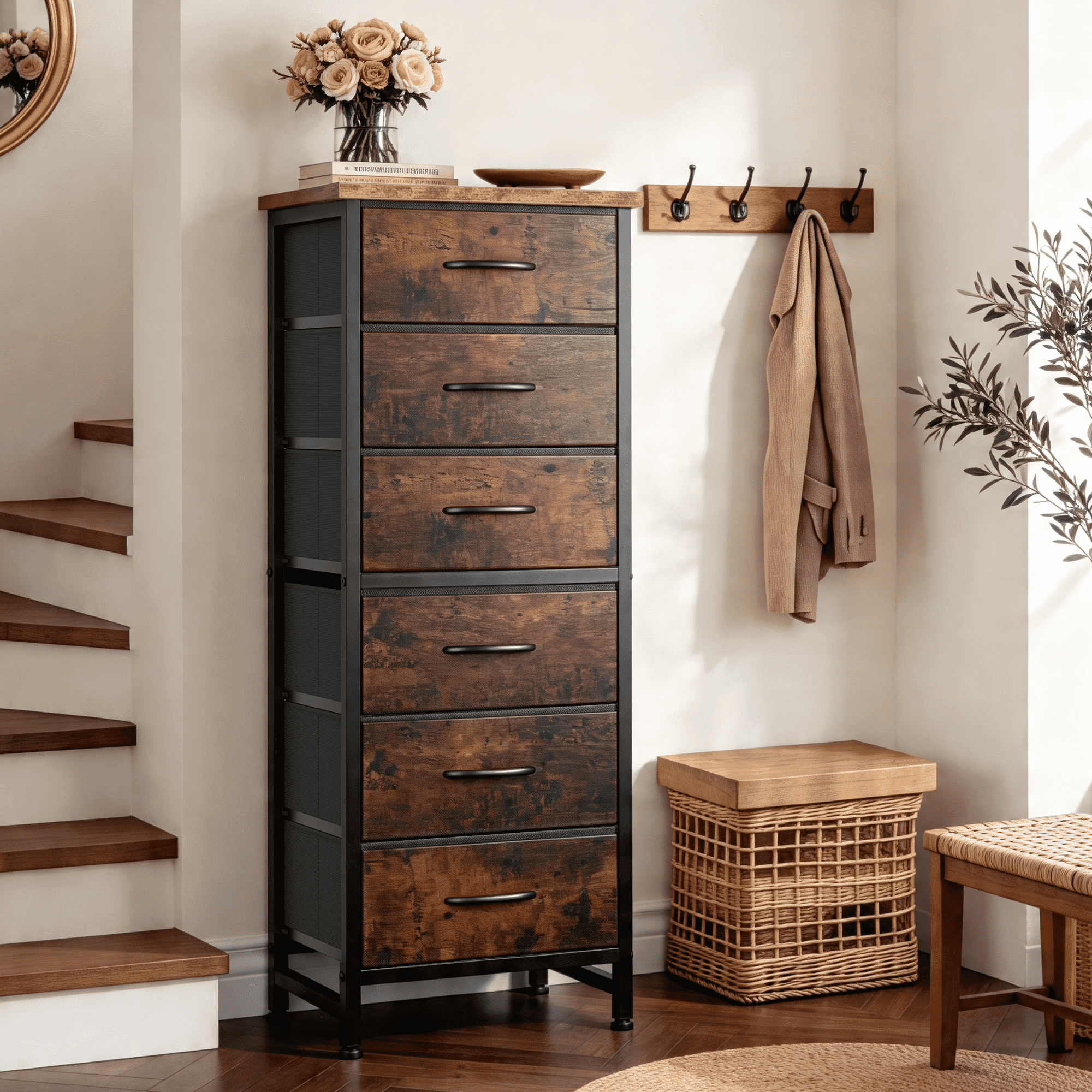 CONCETTA Tall Storage Dresser with 6 Fabric Drawers, Metal Frame with Cross Support Rods, Anti-Tip, Wood Top for Bedrooms, Offices and Compact Spaces, Rust