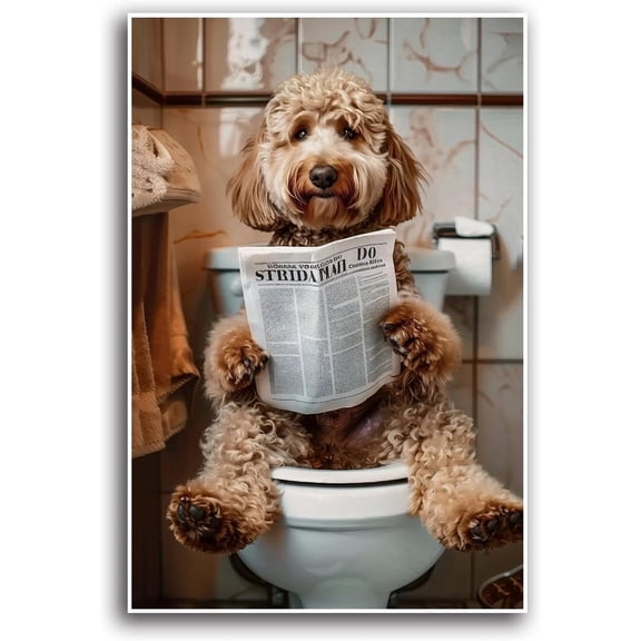 AVOI dog in toilet reading newspaper canvas print toilet humor whimsical bathroom art funny animal print bathroom wall decor farmhouse decor canvas wall art poster Unframe: 16x24in