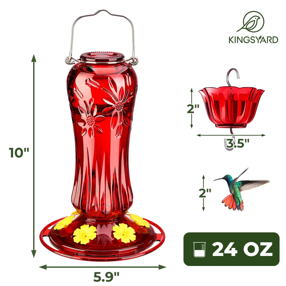 Kingsyard Hummingbird Feeder for Outdoors Hanging, 25 Ounces Leak Proof, Glass Humming Bird Nectar Feeder with Ant Moat & 6 Bee Guard Feeding Ports, Red