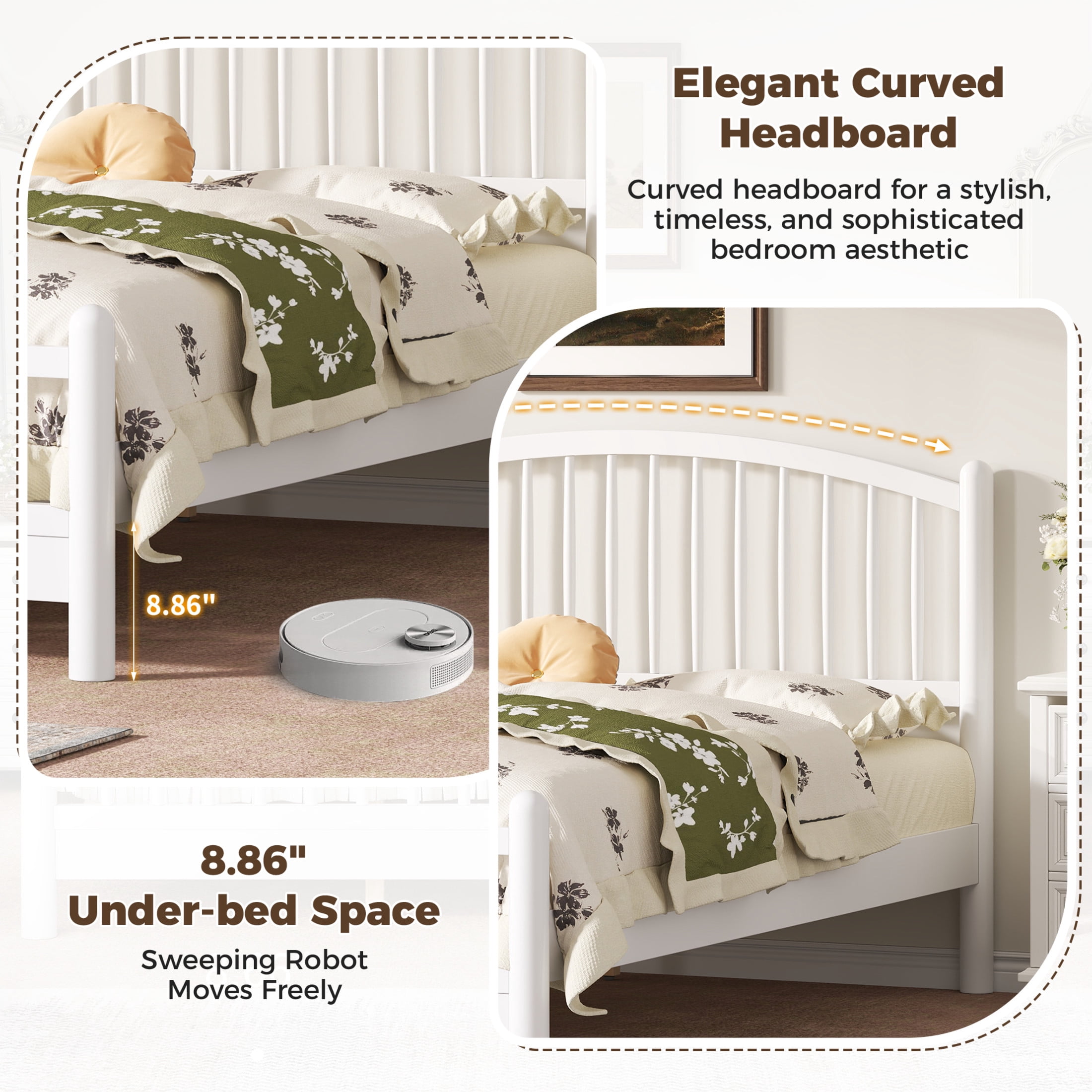 Noble House Alaric Queen Wood Platform Bed Frame, Arched Spindle Headboard, Noise-Free Foundation, White