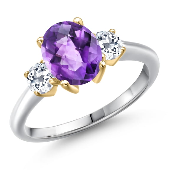 Gem Stone King 10K Two Tone Gold Purple Amethyst and White Topaz Engagement Ring for Women | 2.16 Cttw | Oval Checkerboard 9X7MM | Gemstone February Birthstone | Size 9