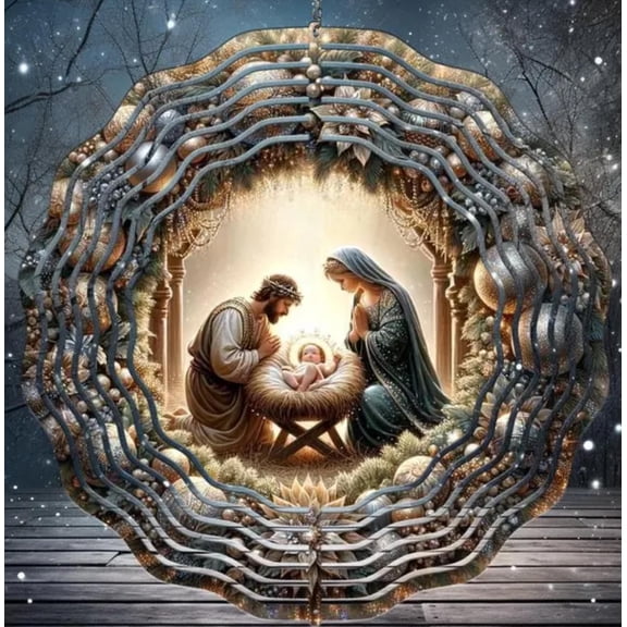 Nativity Scene Wreath 10-Inch Wind Spinner, Christmas Outdoor Garden Décor