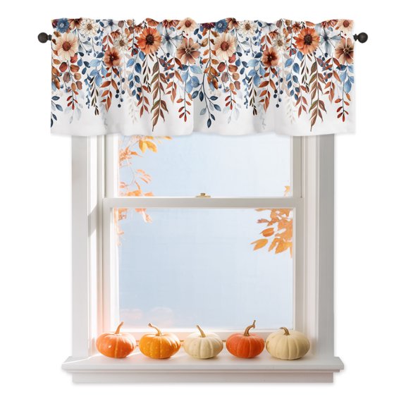 Orange Floral Eucalyptus Leaves Window Valances for Kitchen, Rod Pocket Valances Windows Treatments Curtains for Living Room Bathroom Bedroom Decoration 54" x 18"