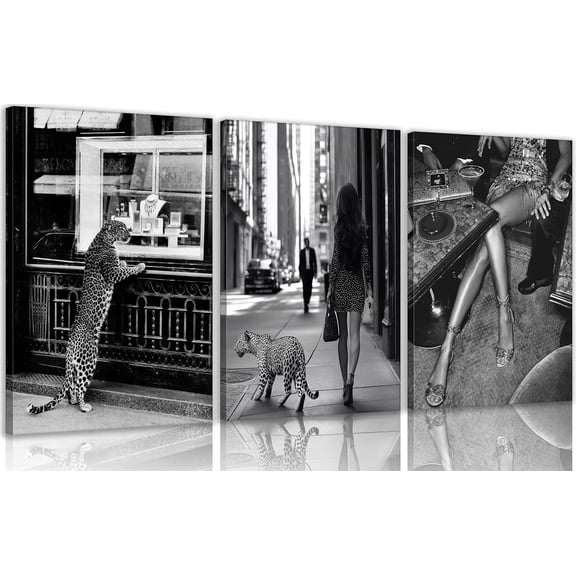 3Pcs Funky Girl Leopard Canvas Wall Art Trendy Black and White Cheetah Picture Wall Decor Fashion Woman and Cheetah Poster Print Artwork for Bar Living Room Bedroom Dorm Apartment Decorate, Und