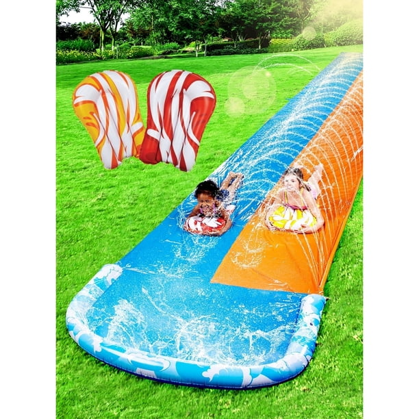 Joyfy Tobogán Acuático Extra Largo de 10 m y 2 Tablas Inflables, Toboganes Acuáticos Resistentes para Césped, 2 Toboganes con Aspersor para Niños y Adultos