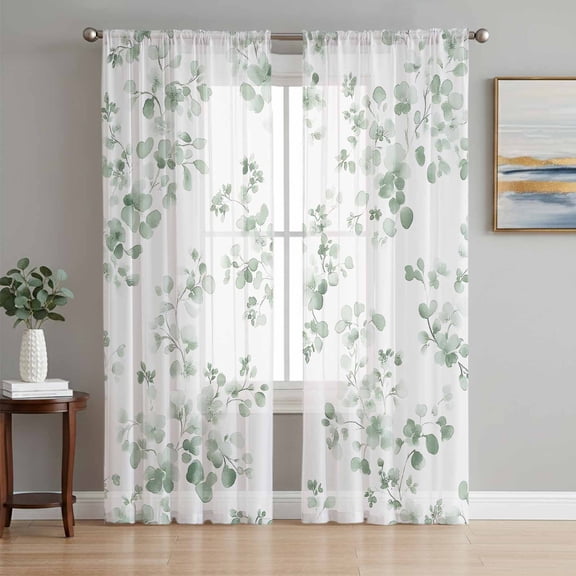 Tropical Foliage Sheer Curtains 72 Inch Length 2 Panels Set, Sage Green Botanical Spring Foliage Voile Window Treatment Rod Pocket Curtains Sheers Drapes for Bedroom/Living Room/Kitchen 52"x72"x2