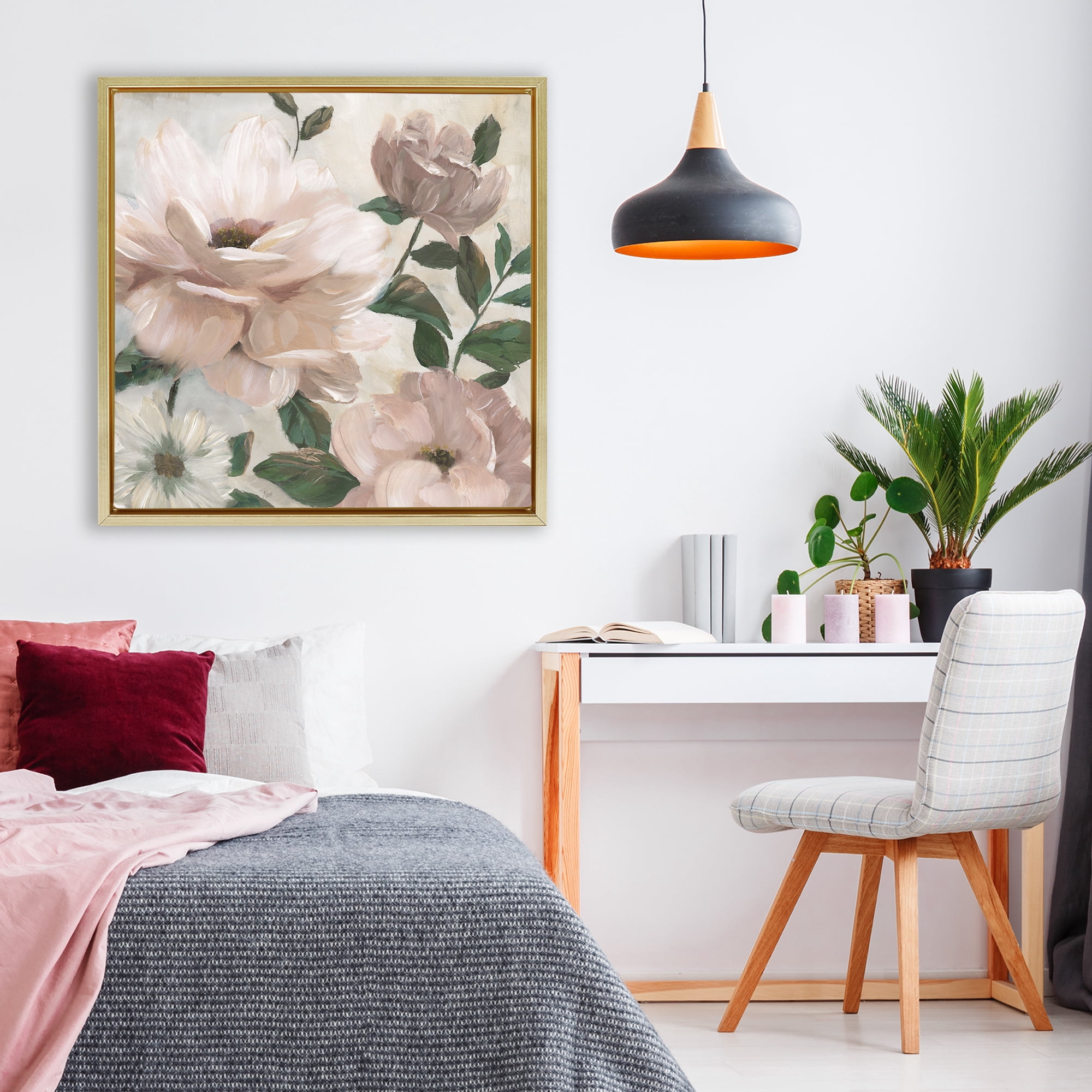 Stupell Industries Budding Blush Peonies & Leaves Gold Framed Floater Canvas Wall Art, design by Nan