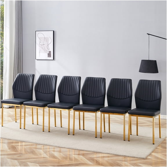 JERFIT Modern Dining Chairs Set of 6, Black PU Leather Upholstered Side Chairs with Gold Metal Legs for Kitchen, Dining Room