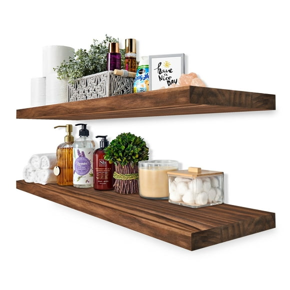 Sorbus Wood Floating Shelves for Wall - 35” Solid Wood Wall Shelves for Bathroom Decor, Books, Bedroom & Living Room - Set of 2 Wall Mounted Kitchen Shelves - Durable 100% Premium Solid Pine