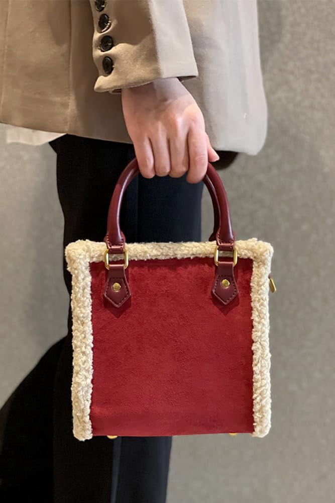 JennyShop Trendy PU Tote Handbag Premium Bag, Square Purse Fashionable Shoulder Bag with Faux Lambswool Decoration for Women