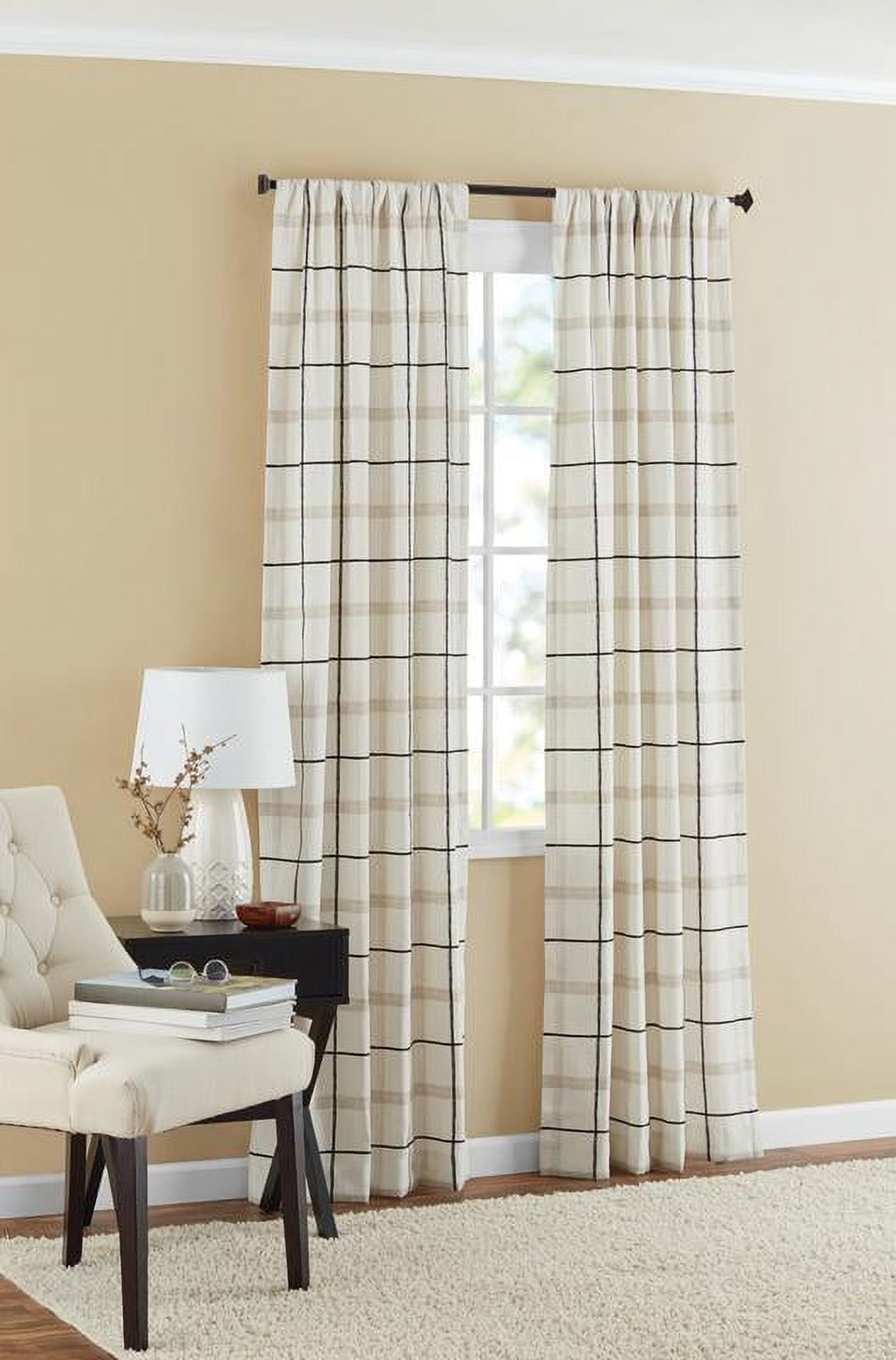Mainstays Farmhouse Plaid Light Filtering Rod Pocket Panel Pair, Set of 2, Beige, 76 x 84
