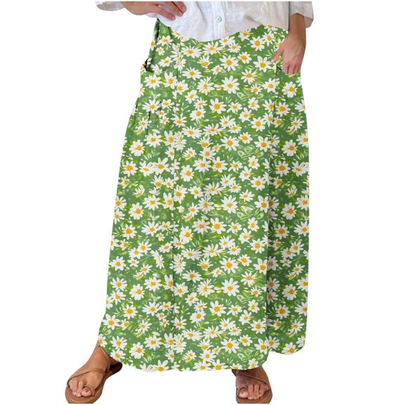 Women Floral Maxi Skirts Loose Boho Skirts High Waisted Dress with Side Pocket Vacation Beach