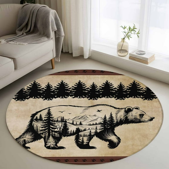 Brown Black Bear Round Rug 3ft Washable Circle Entryway Rugs Non Slip Farmhouse Cabin Forest Vintage Area Rug Indoor Floor Carpet for Bedroom Kitchen Living Room Home Office Dining Room Nursery