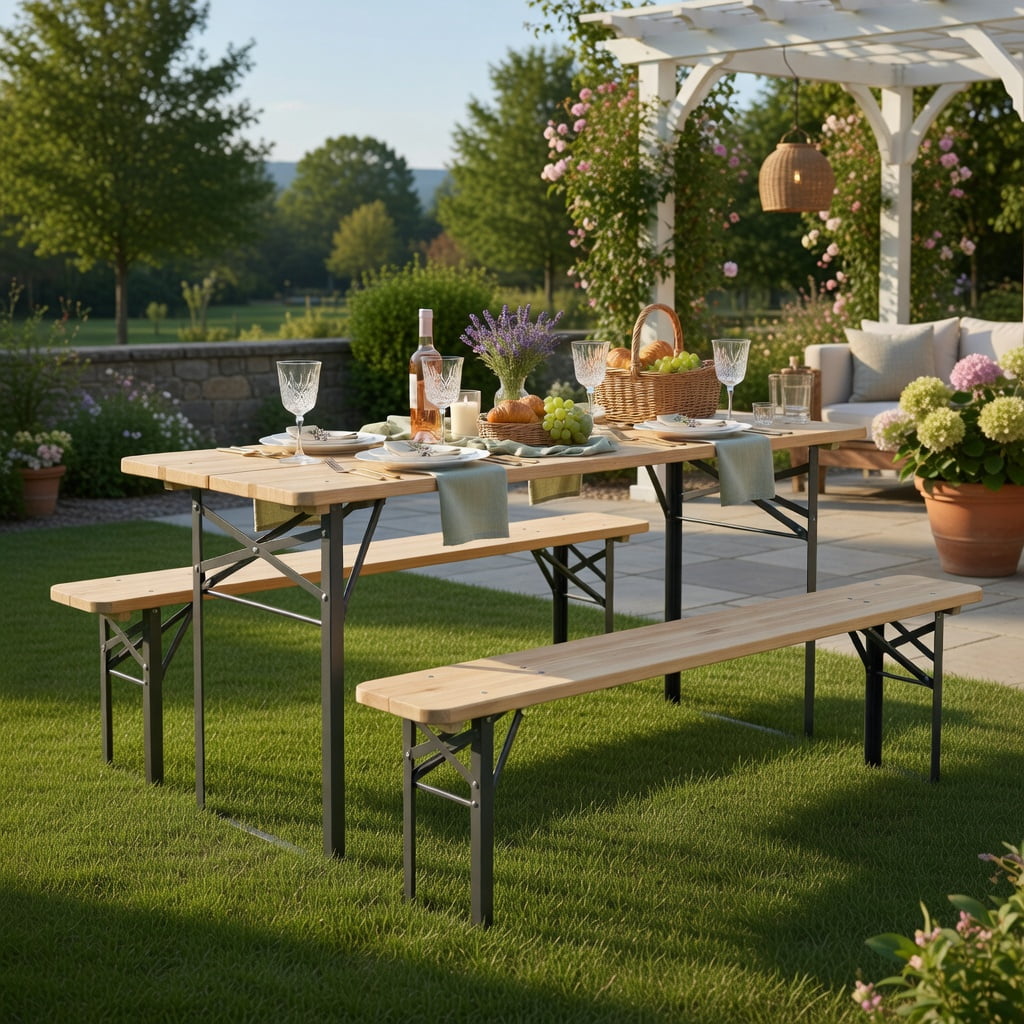 Hommoo 70 Inch Foldable 3-Piece Picnic Table Set with Benches for 6, Fir Wood & Metal Outdoor Patio Table, Black & Natural