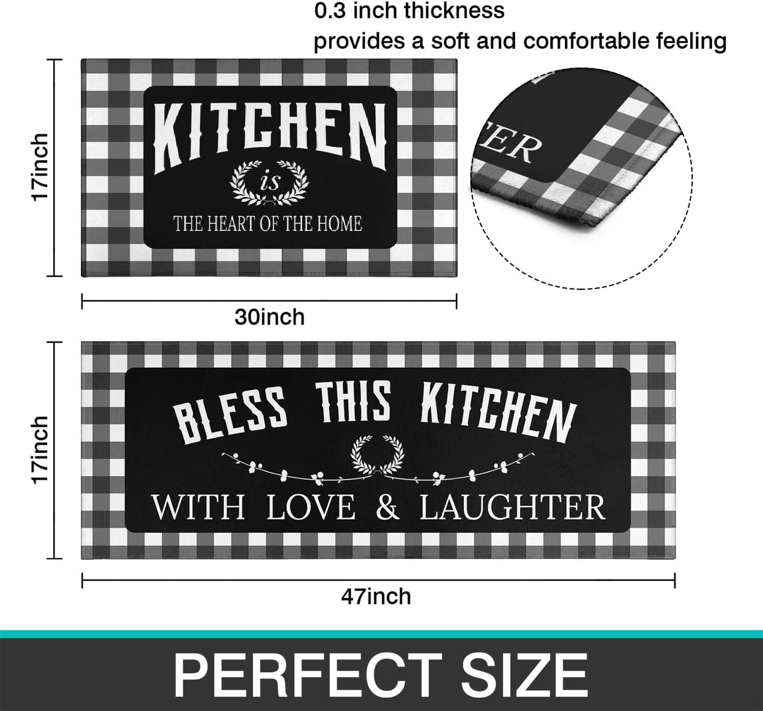 Black Kitchen Rugs and Mats Sets of 2, Funny Kitchen Decoration Rubber Backing Non-Slip Absorbent Mats for Sink Waterproof Runner Rug for Laundry Room 17x30+17x48inch