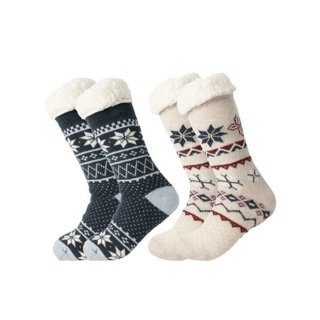 Treehouse Knit (2 Pairs) Sherpa Lined Women’s Thermal Slipper Socks Nonskid Fuzzy Cozy Shoe