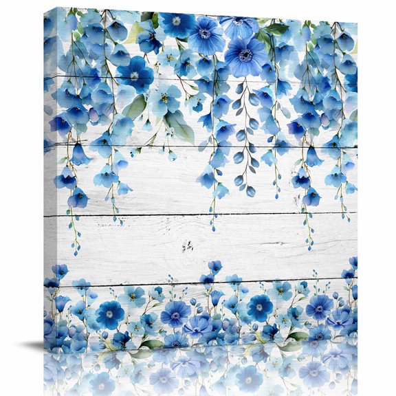 Wall Art Prints, Spring Blue Floral Framed Canvas Prints for Bedroom Living Room Bathroom Office, Farmhouse Weeping Floral Leaves Wood Gallery Wrap Wall Art Poster for Gifts Home Decor 28"x28"