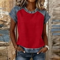 thumbnail image 2 of Womens Denim Trim Top Raglan Sleeve Waffle Knit Casual Vintage Inspired Short Sleeve Tee in Red,Size 2XL, 2 of 7