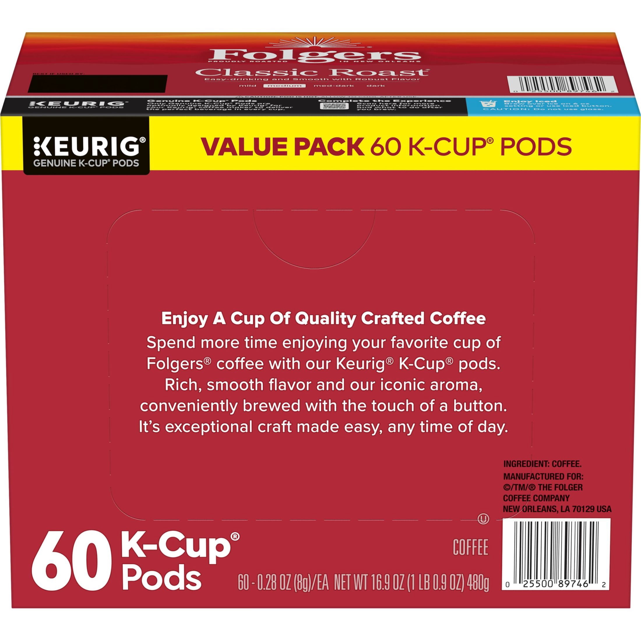Folgers Classic Roast, Medium Roast Coffee, Keurig K Cup Pods, 60 Count Box