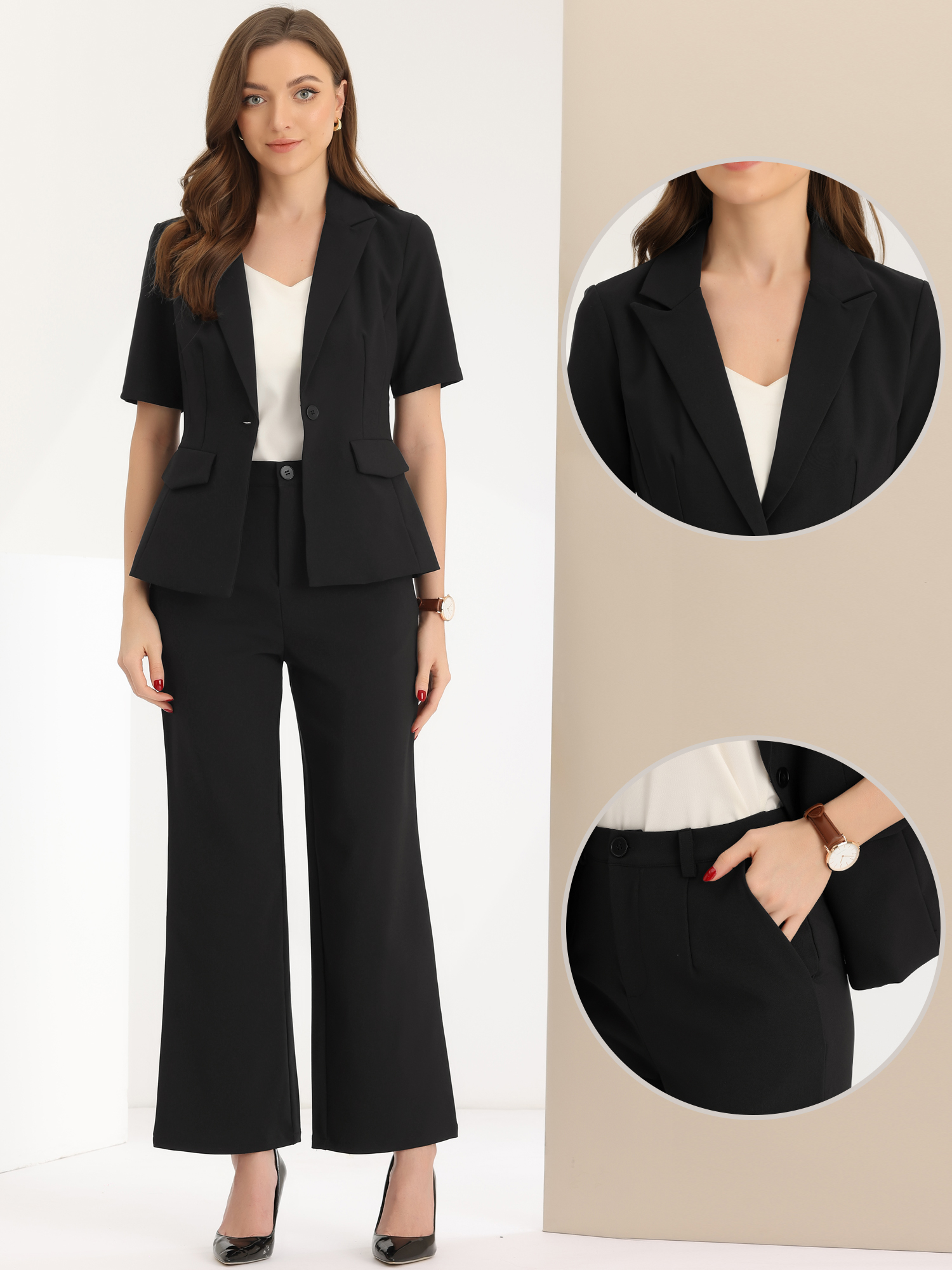DARING DIVA Women's One Button Blazer 2 Pcs Outfits Jacket Suit Pants M Black